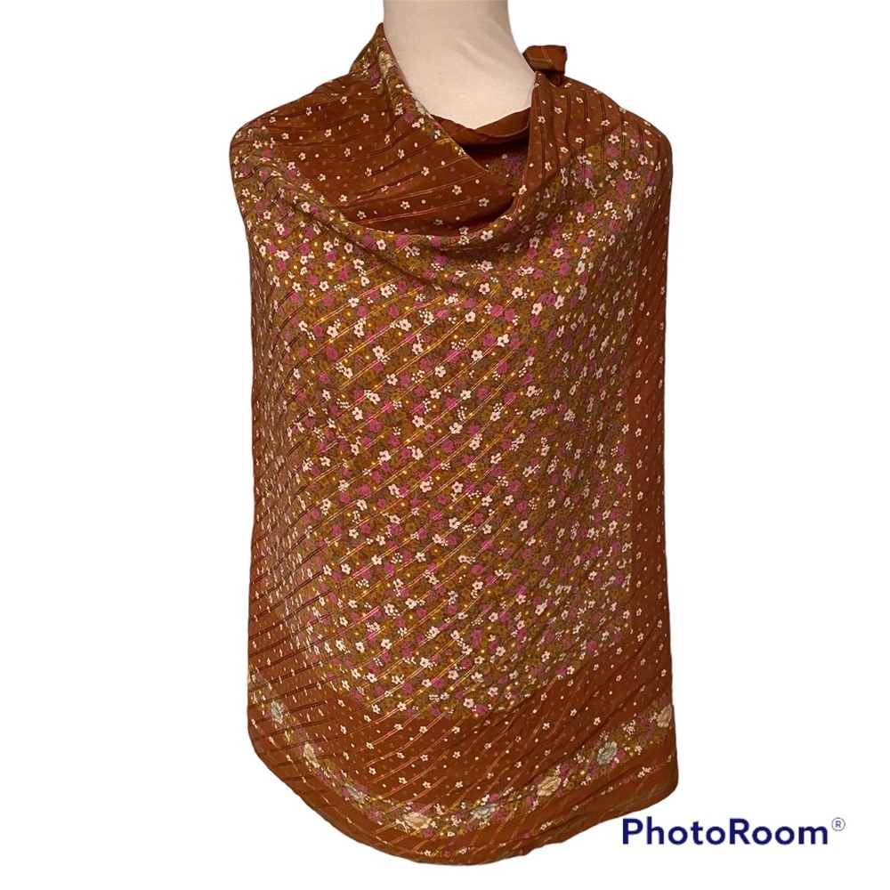 BAYRON SCARF BROWN WHITE PINK FLORAL LARGE SILK SQUARE HAND ROLLED ACCESSORY